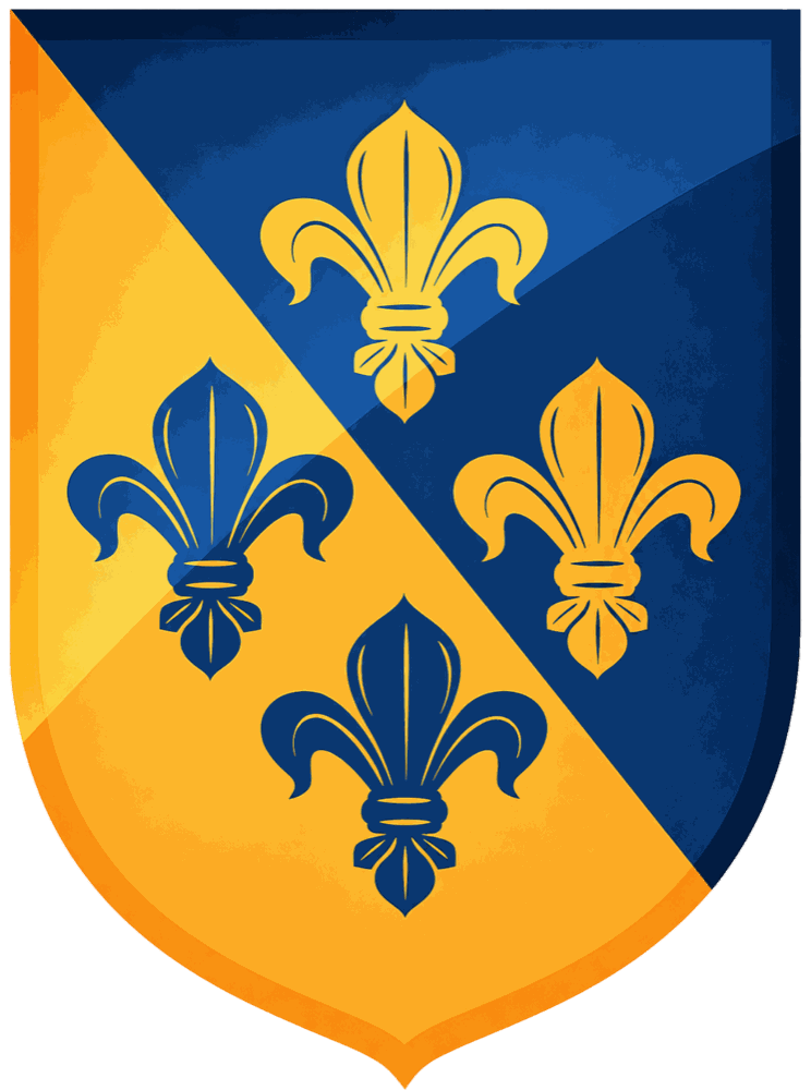 Brasão da família Briones: escudo dividido na diagonal em ouro e azul, com quatro flores de lis